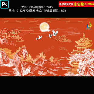 瑞鹤祥云图手绘线描楼阁装饰画背景墙飞鹤楼阁屏风禅意山水画素材