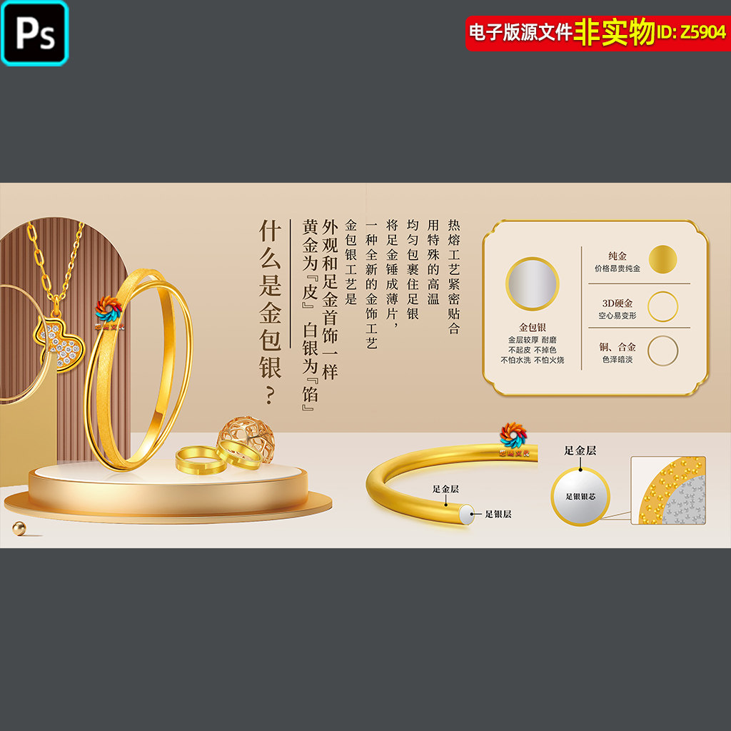 金包银首饰灯箱画展板黄金珠宝饰品灯箱片挂图金包银工艺海报素材