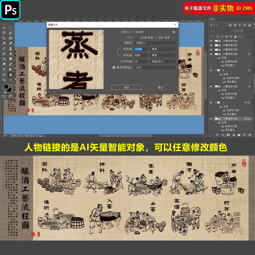 酿酒工艺流程图墙绘古代酒文化展板卷轴装饰背景墙酿酒海报PS素材