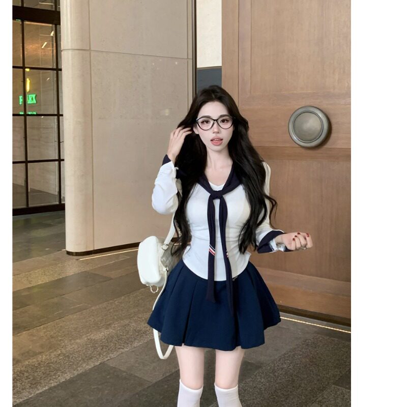 JK制服海军领学院风套装辣妹修身披肩上衣藏蓝色百褶裙三件套女秋