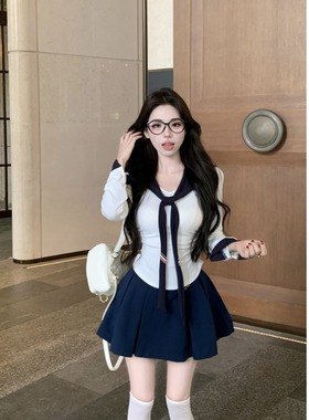 JK制服海军领学院风套装辣妹修身披肩上衣藏蓝色百褶裙三件套女秋