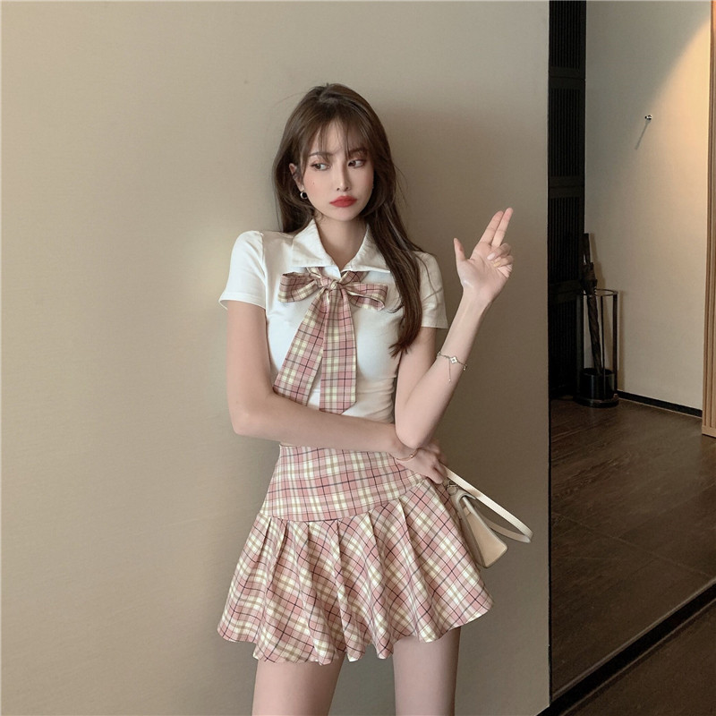 学院风百褶裙两件套jk格子半身裙学生套装少女夏季直播衣服女主播