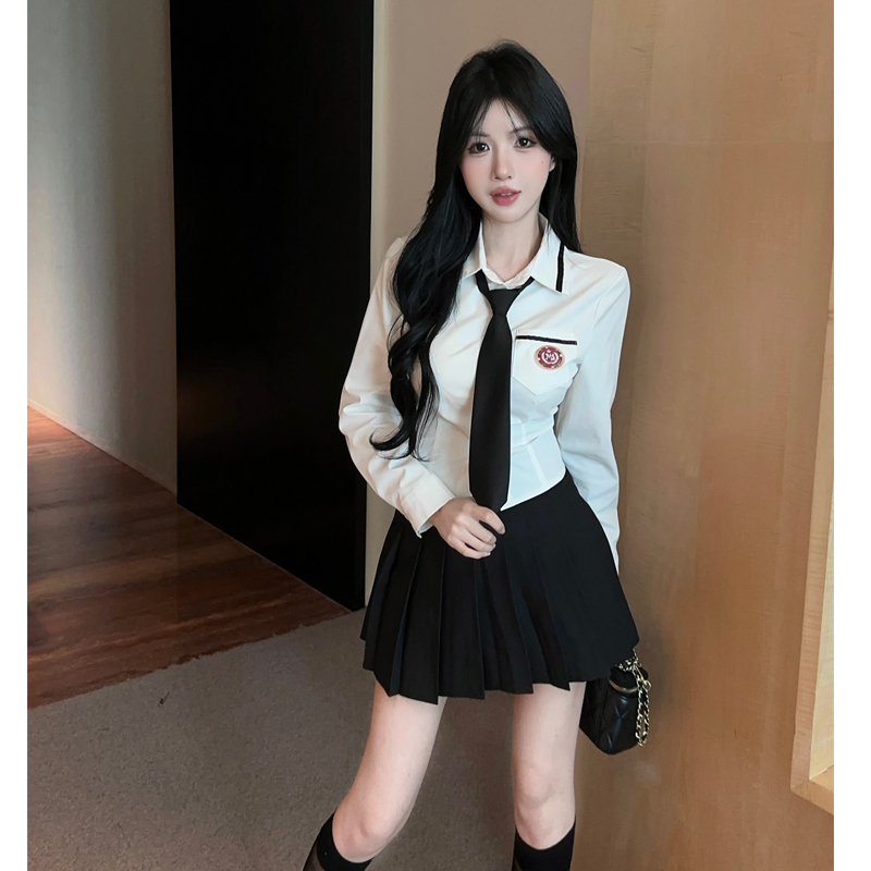 学院风jk制服套装韩系甜辣收腰长袖衬衫上衣半身裙两件套女春秋