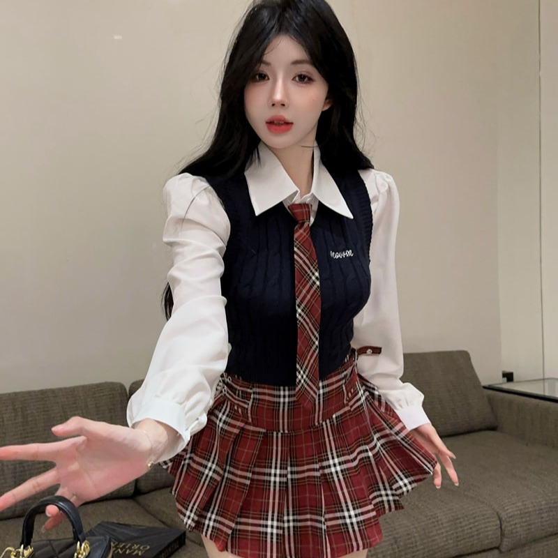 学院风JK韩系辣妹制服套装针织背心衬衫格子百褶短裙三件套女秋冬