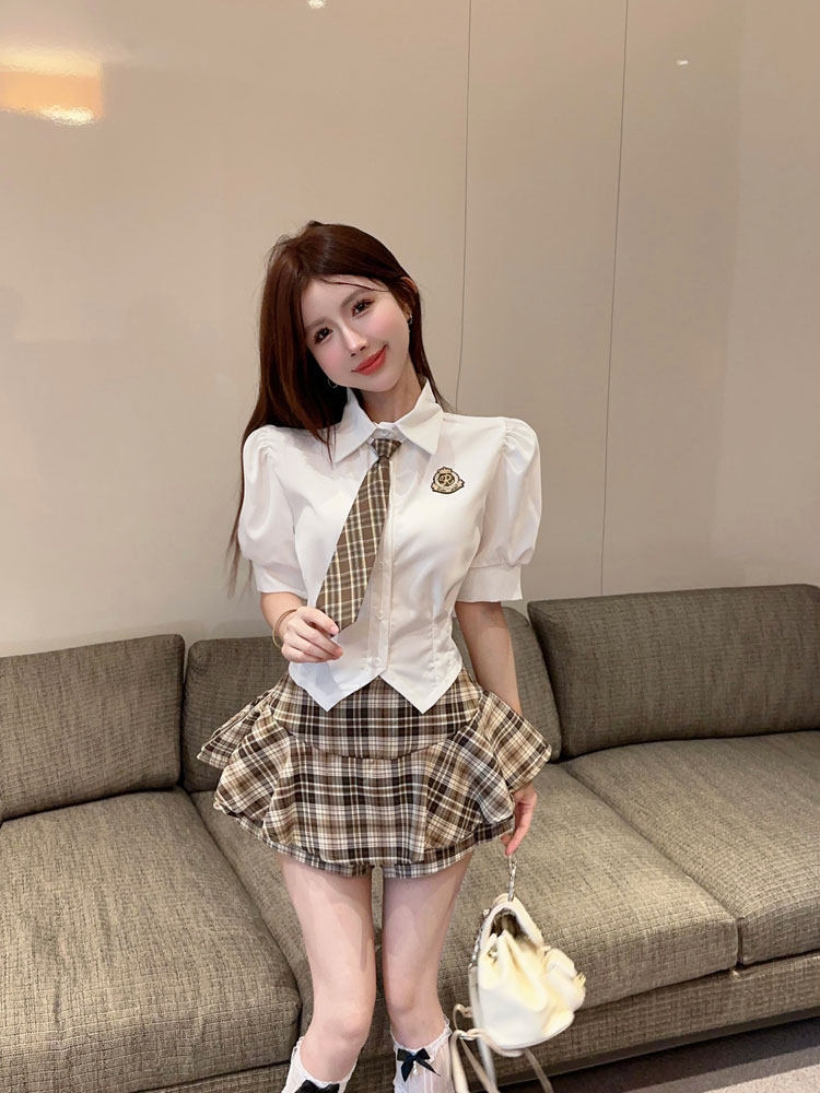 学院风jk制服白色短袖收腰泡泡袖衬衫纯欲高腰半身裙两件套女夏季