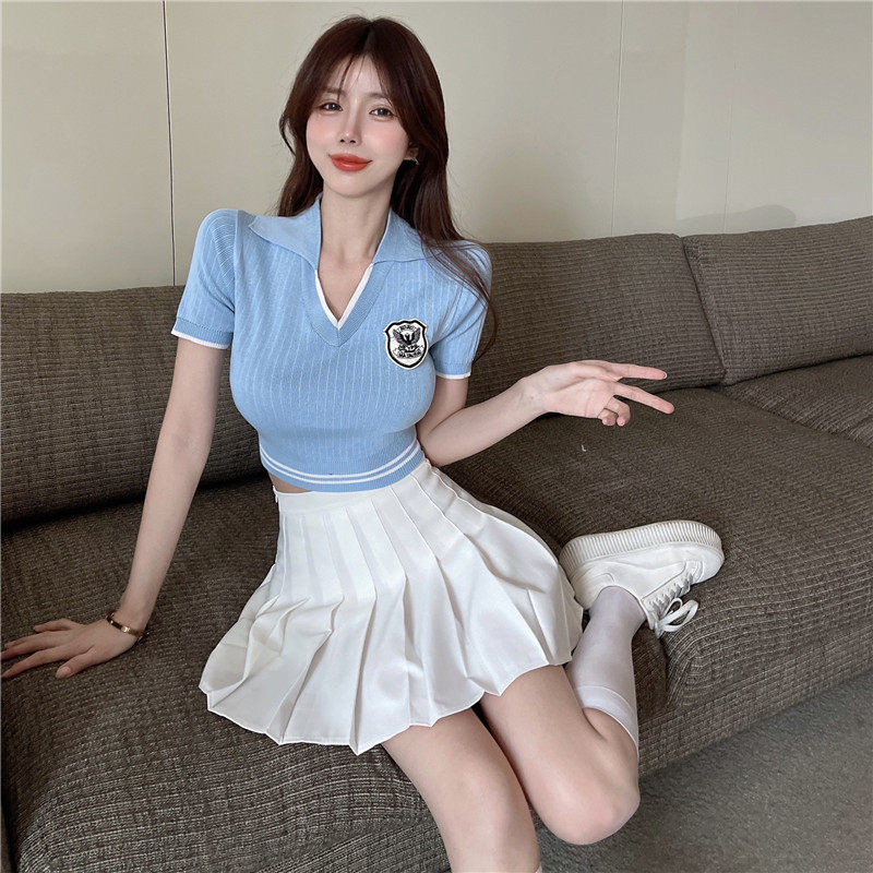 2023新款学院风两件套美少女减龄翻领针织衫高腰百褶裙套装女夏潮