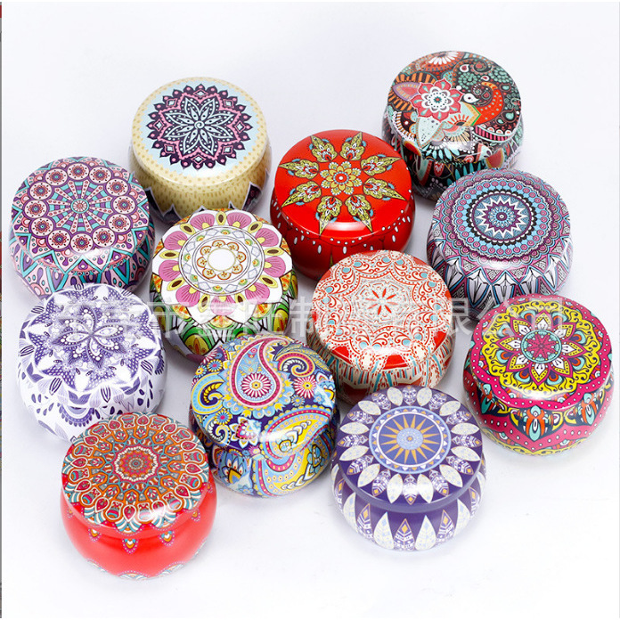 4.4oz大肚蜡烛罐现货香薰包装圆鼓形曼陀罗波西米亚民族风花罐铁