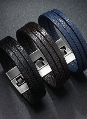 欧美复古皮革多层合金扣手镯简约时尚皮手链手饰朋克饰品