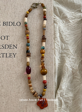 串珠项链女国潮木头陶瓷锁骨链女