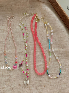 粉色玻璃珠项链女配饰夏天颈链
