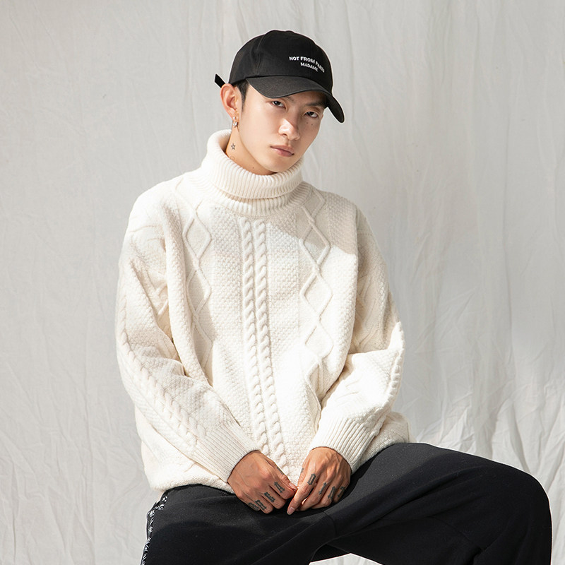 日系2021秋冬新款潮流宽松提花设计高领针织毛衣H4038-P60控98，男装针织衫/毛衣，电商A362