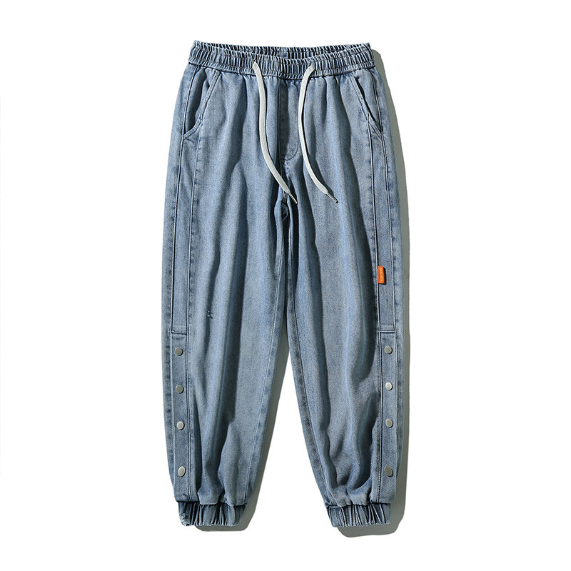 日系平铺2021新款排扣设计潮牌束脚做旧拼接牛仔裤H2043,男装牛仔裤,电商A362