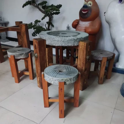 石磨盘旧石磨茶桌庭院石碾阳台石茶台复古老榆木槐木木架石磨石桌