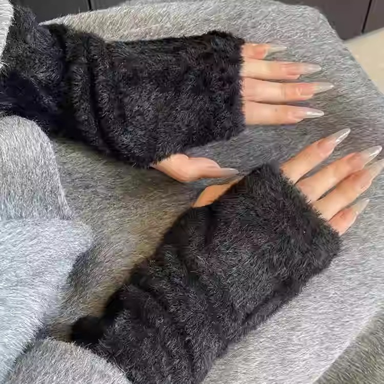 软糯毛绒半指手套女加绒保暖春秋