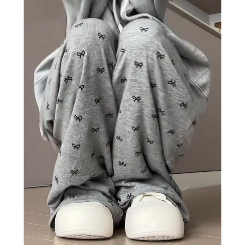 灰色蝴蝶结糯米裤女早春垂感高腰小个子bf慵懒风宽松休闲阔腿裤子