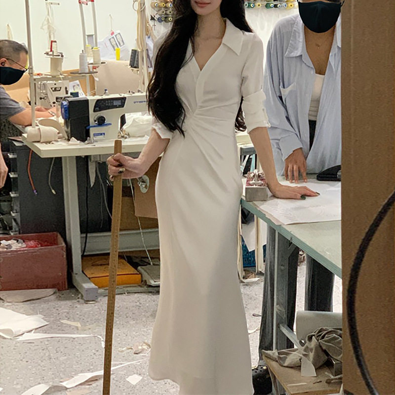 【金秘书】秋季v领衬衫连衣裙气质女褶皱收腰显瘦鱼尾连衣裙小众