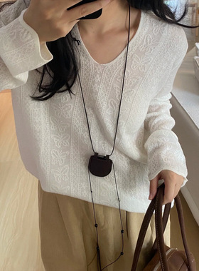 万针提花蝴蝶120支欧根纱羊毛长袖白色针织衫小衫女罩衫薄慵懒风