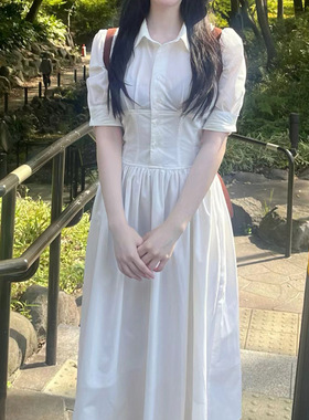 现货韩系衬衣裙迷人清新大方白色长款过膝收腰短袖连衣裙气质法式