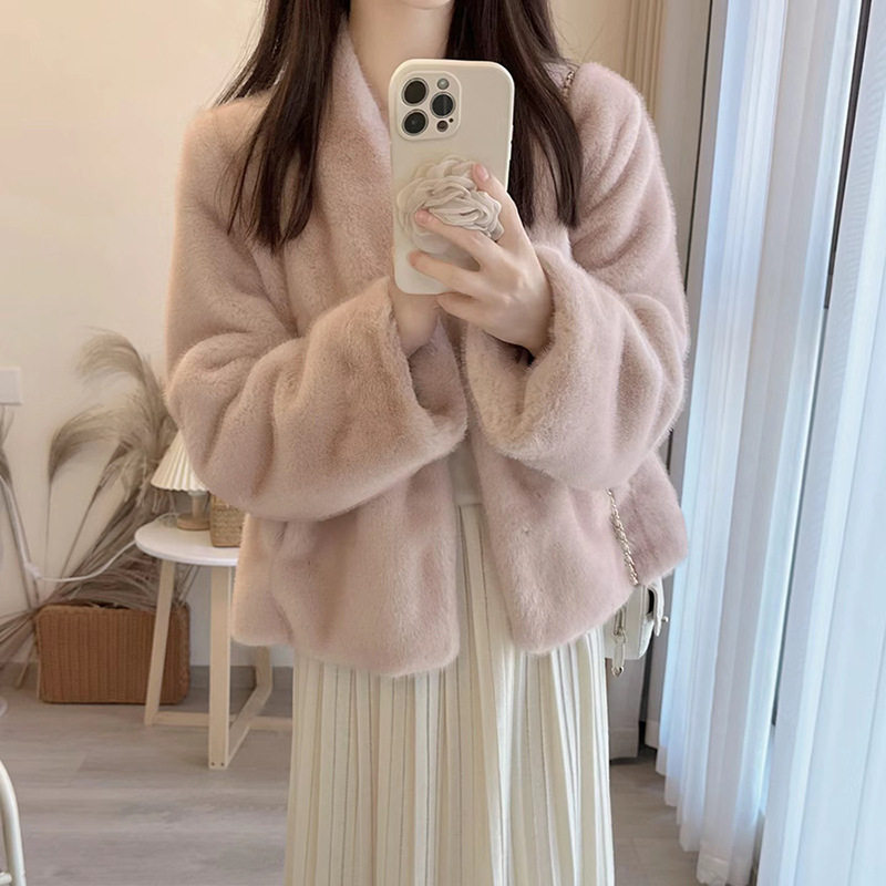 韩女美丽法则粉色十字貂环保皮草毛毛外套女秋冬时尚百搭温柔短款