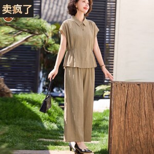 时尚妈妈短袖新款大码棉麻亚麻上衣高端洋气中年妇女夏季年轻套装