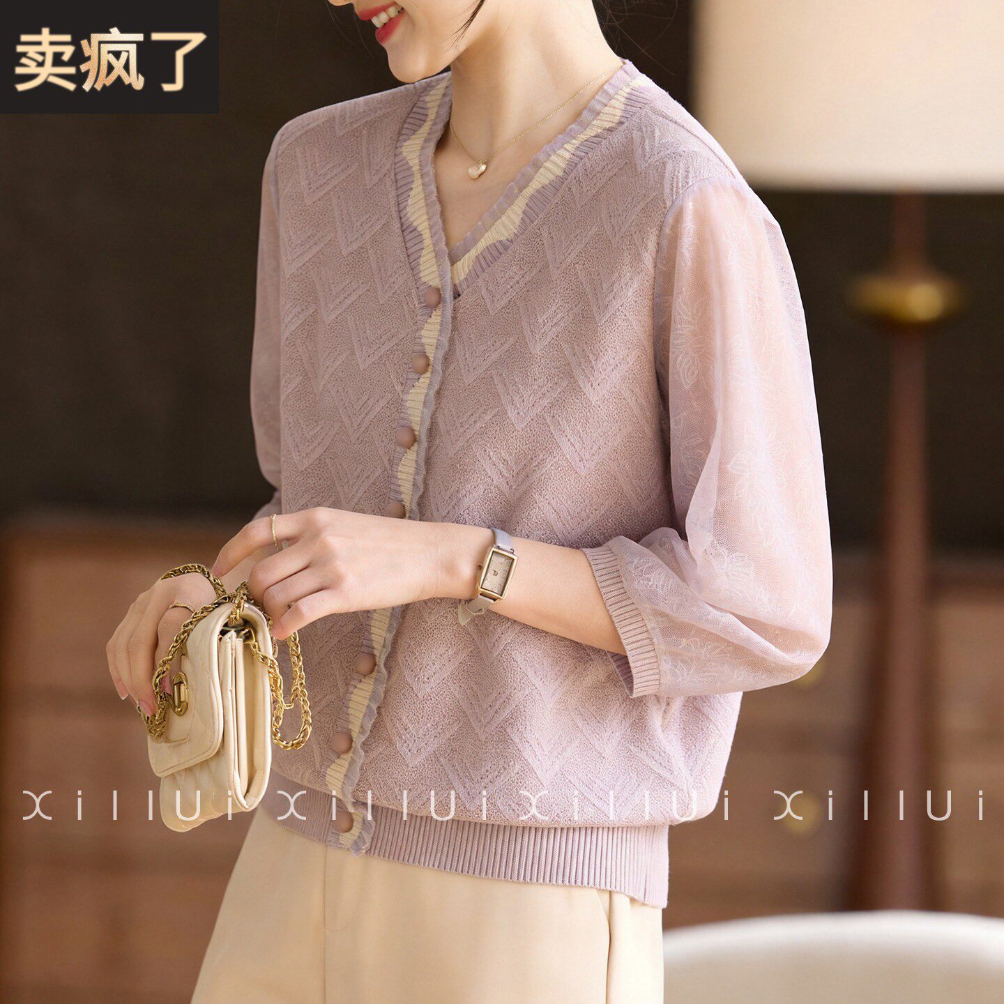 喜卉妈妈春装时尚纱袖上衣2026新款中年女装春季薄款针织小衫气质