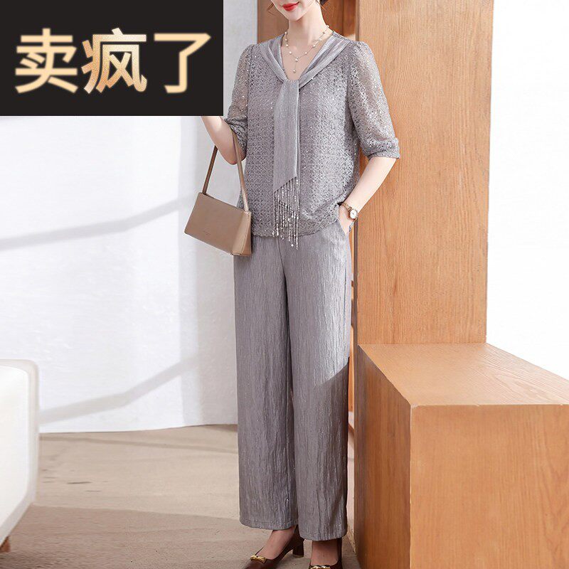 2026新款妈妈套装夏季套装女中老年显年轻宽松洋气雪纺上衣两件套