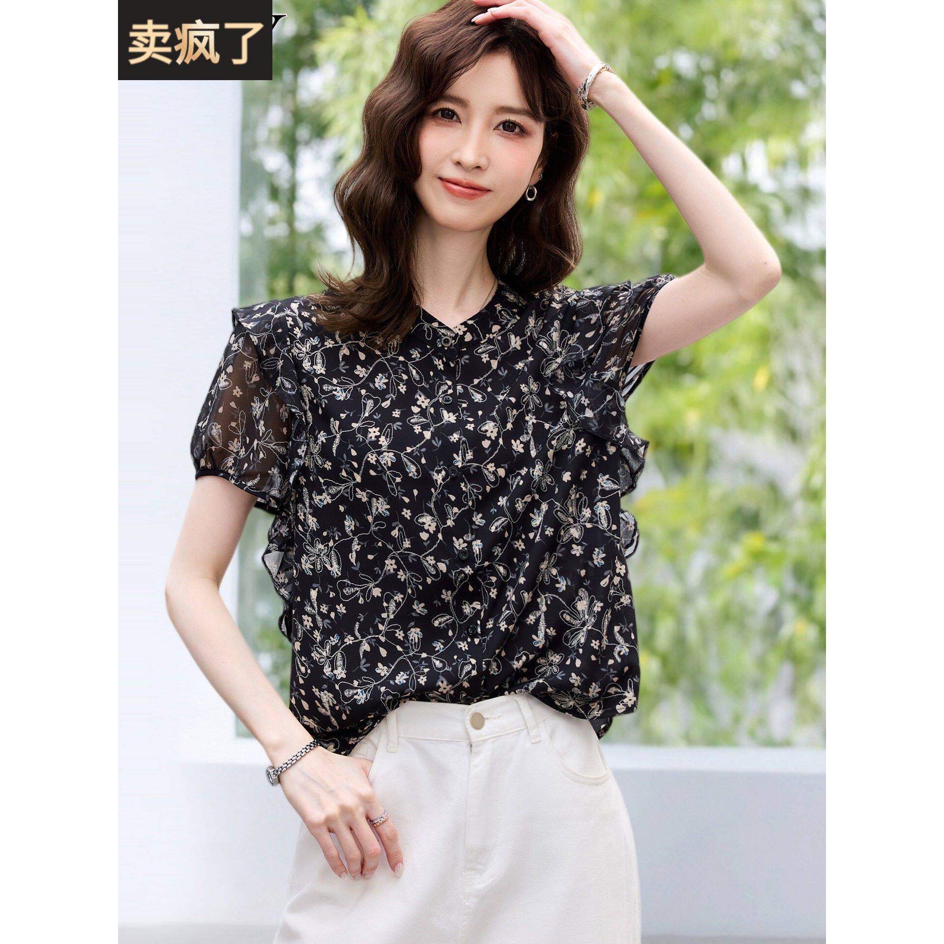 2026夏季新款小个子短袖黑色木耳边小衫T恤妈妈雪纺薄款上衣女装