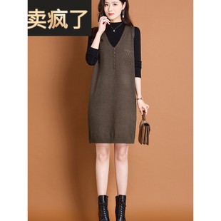 2025秋冬针织马甲连衣裙两件套女宽松休闲显瘦中长款背心裙厚套装