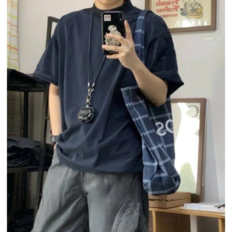 藏青色宝蓝色夏季潮流拼接光板纯棉短袖T恤男女同款大码休闲