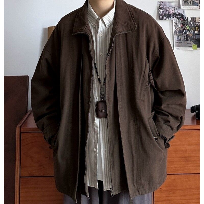 B东日系男装复古咖色咖啡色水洗棉宽松廓形假两件宽松夹克外套