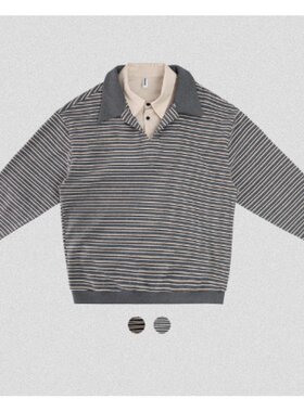 edge studio 边缘工作室 假两件长袖横条纹POLO衫打底衫男装