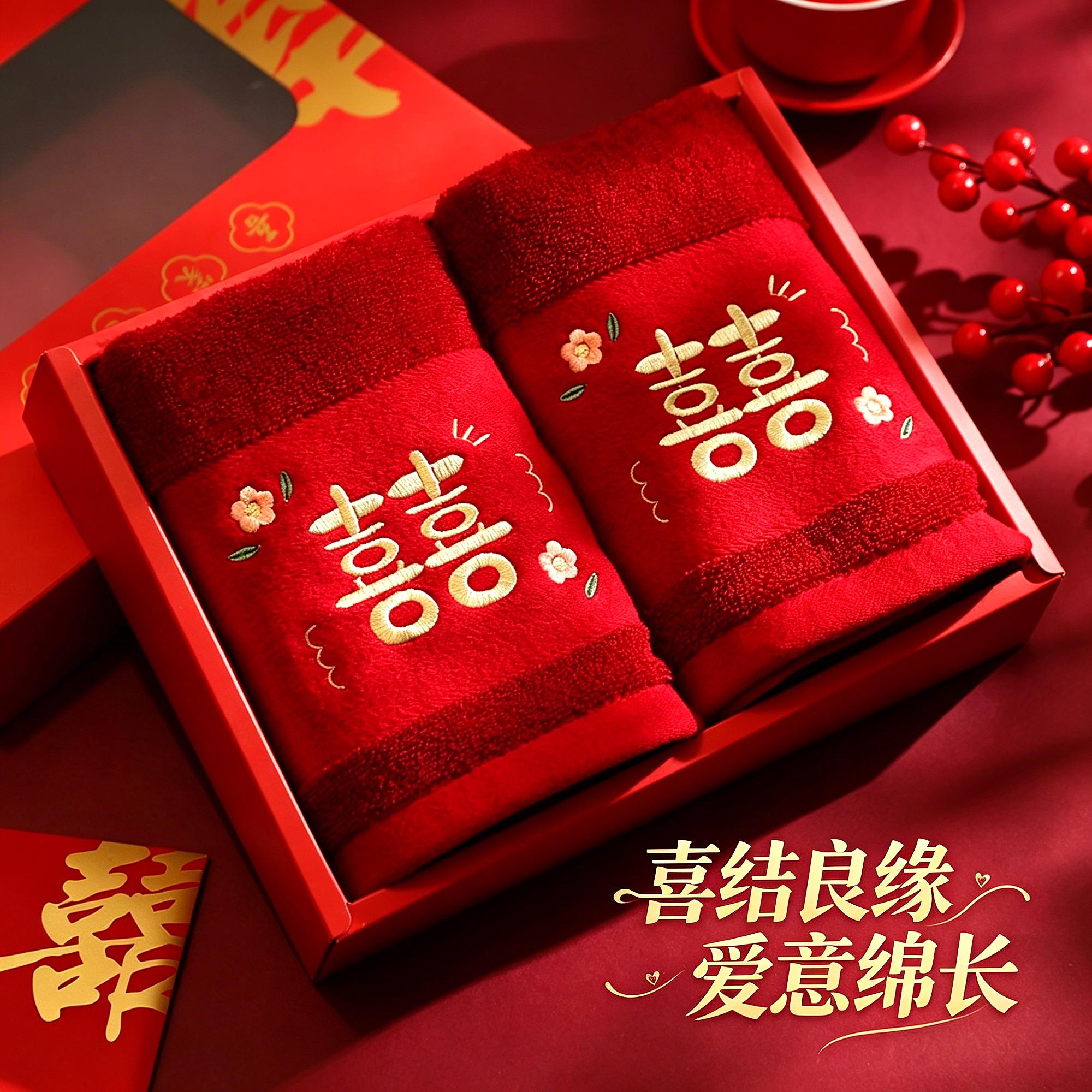 全套加厚伴手红色结婚一对毛巾