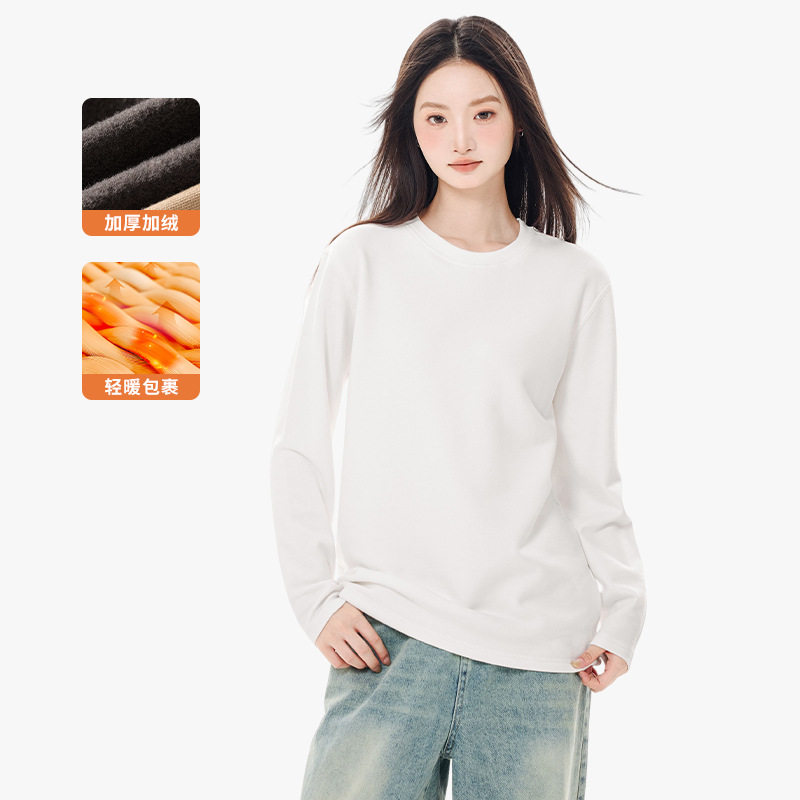 纯色加绒圆领卫衣女2025秋冬新款280g热力绒保暖长袖男女同款上衣