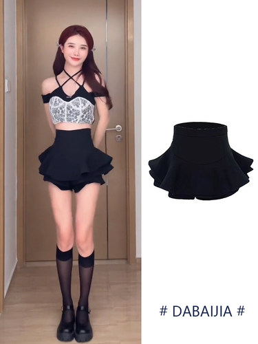 甜辣性感黑色半身裙蓬蓬高腰显瘦