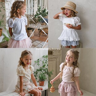 26夏女童薄棉甜美纯色镂空泡泡袖 捏褶圆领T恤 代购 FLO韩国进口童装