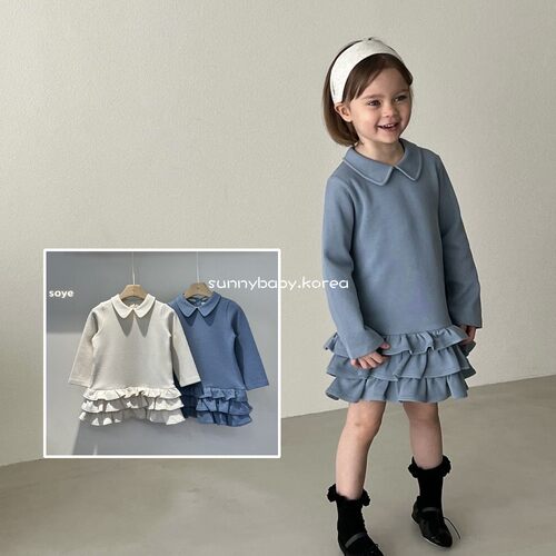 SOYE韩国进口童装代购26夏女小童可爱翻领纯色荷叶边蛋糕裙连衣裙