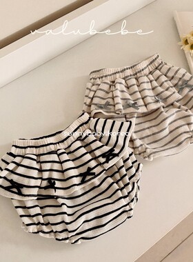 VALU BEBE韩国童装代购26春女婴童棉洋气蝴蝶结菲边条纹包屁短裤