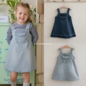 FLO韩国进口童装 代购 26春女童小大童甜美刺绣插兜牛仔吊带连衣裙