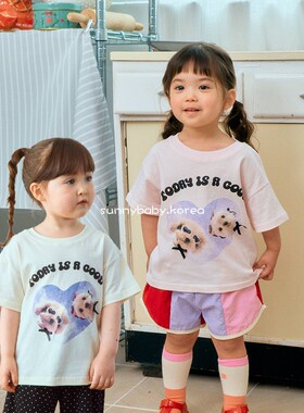 1st韩国进口童装代购26夏男女小大童薄棉可爱小狗字母舒适短袖T恤
