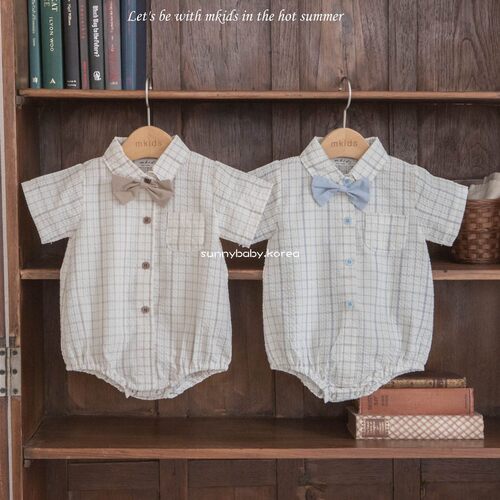 MKIDS韩国进口童装代购26夏女婴童棉软舒适条格翻领短袖衬衫爬服