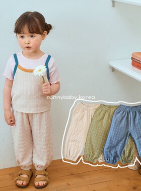 1st韩国进口童装代购26夏男女小大童薄棉纯色提花休闲防蚊束脚裤