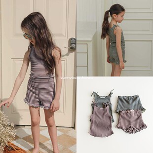 条纹系带背心短裤 URBAN韩国进口童装 代购 26夏女童小大童时尚 套装