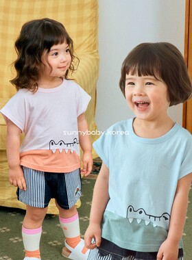 1st韩国进口童装代购26夏男女小大童薄棉可爱拼色恐龙连肩短袖T恤