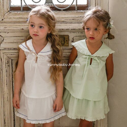 FLO韩国进口童装代购26夏女小童棉甜美纯色刺绣花边裙边海军领T恤