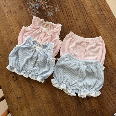 MARRON韩国童装代购26夏女童小童甜美蕾丝菲边开衫背心花苞短裤