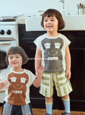 1st韩国进口童装代购26夏男女小大童薄棉可爱印花舒适圆领短袖T恤