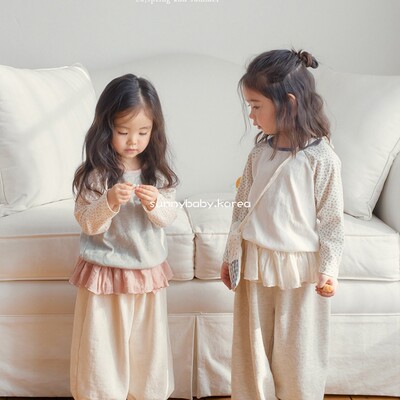 AMBER韩国进口童装代购26夏女童中小童碎花圆领拼接插肩长袖T恤衫