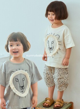 1st韩国进口童装代购26夏男女小大童薄棉可爱毛边狮子柔软短袖T恤