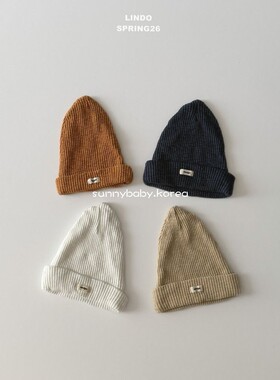 LINDO韩国进口童装代购26春男女小童软糯纯色坑条翻边针织套头帽