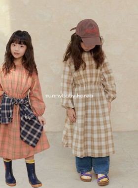 NAVI韩国进口童装代购26春女大小童棉复古格纹圆领收腰长裙连衣裙